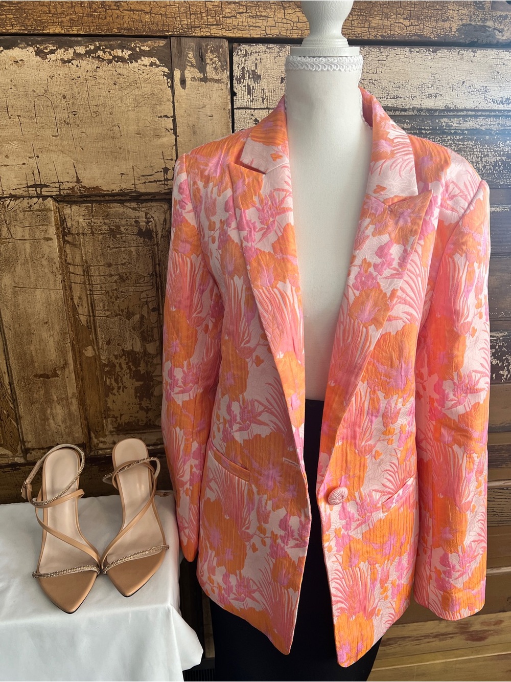Vici Floral Jacquard Blazer | Pink Orange Statement Blazer | Boutique | Size M